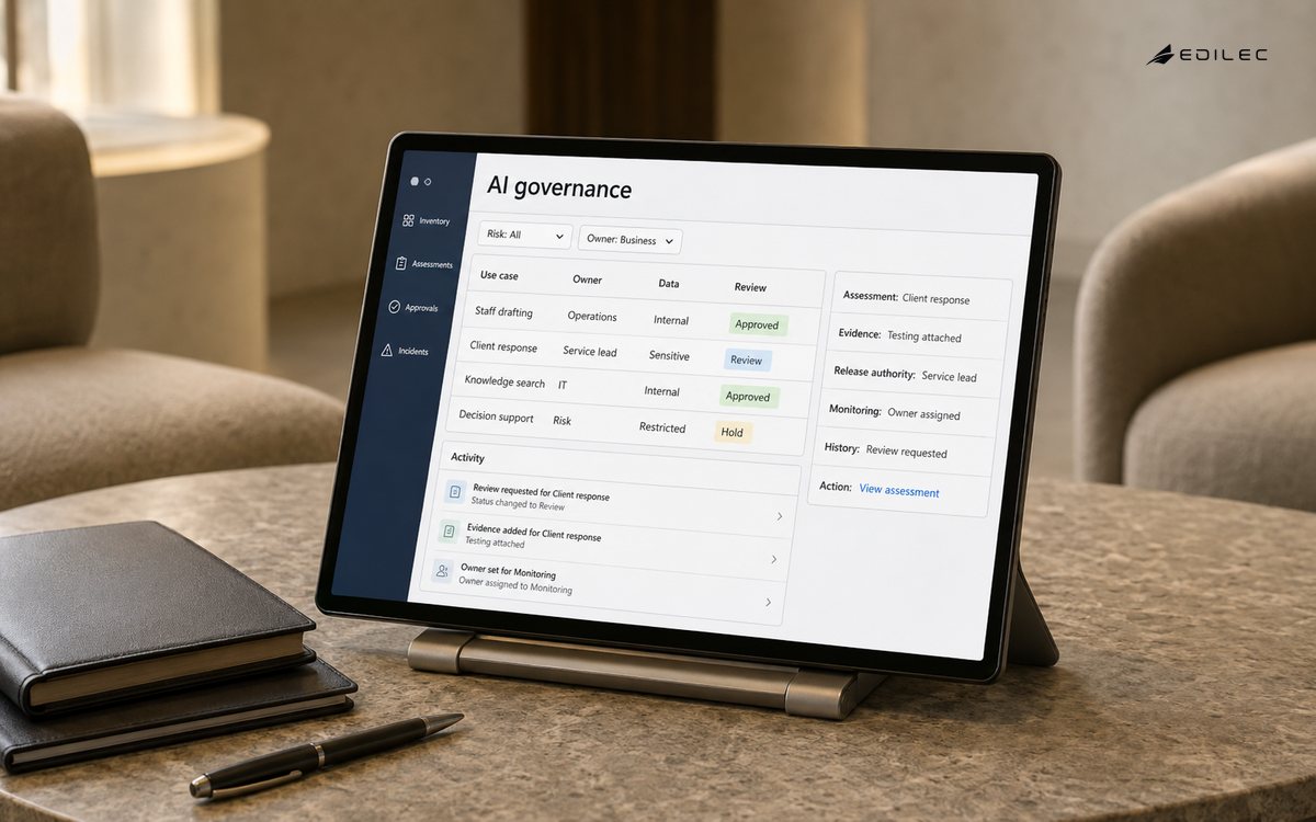 A docked tablet on a lounge table shows an AI use-case inventory with ownership and risk reviews.
