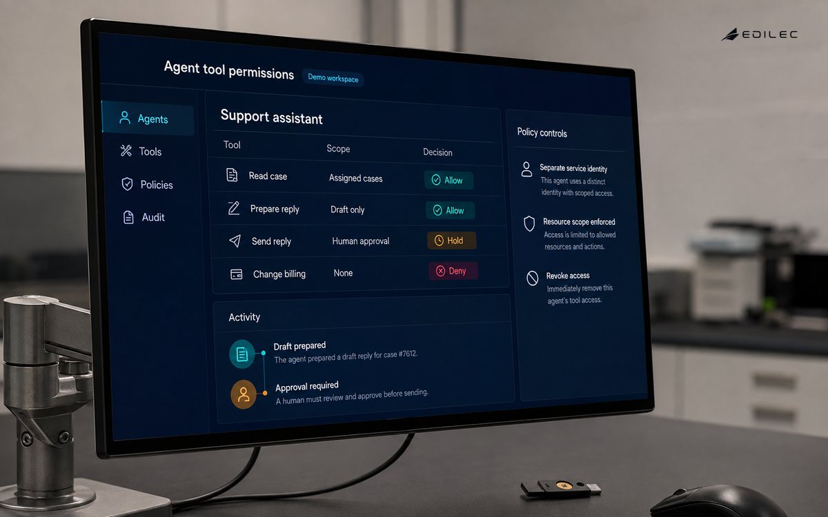 A monitor shows a support agent's tool permissions, scoped actions, and approval requirements.