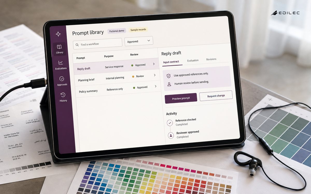 A tablet displays a governed prompt library among translation proofs and an audio earpiece.