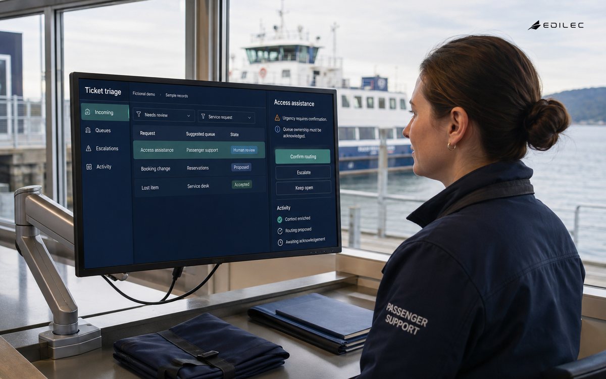 A ferry service coordinator reviews a ticket-routing app on an arm-mounted monitor.