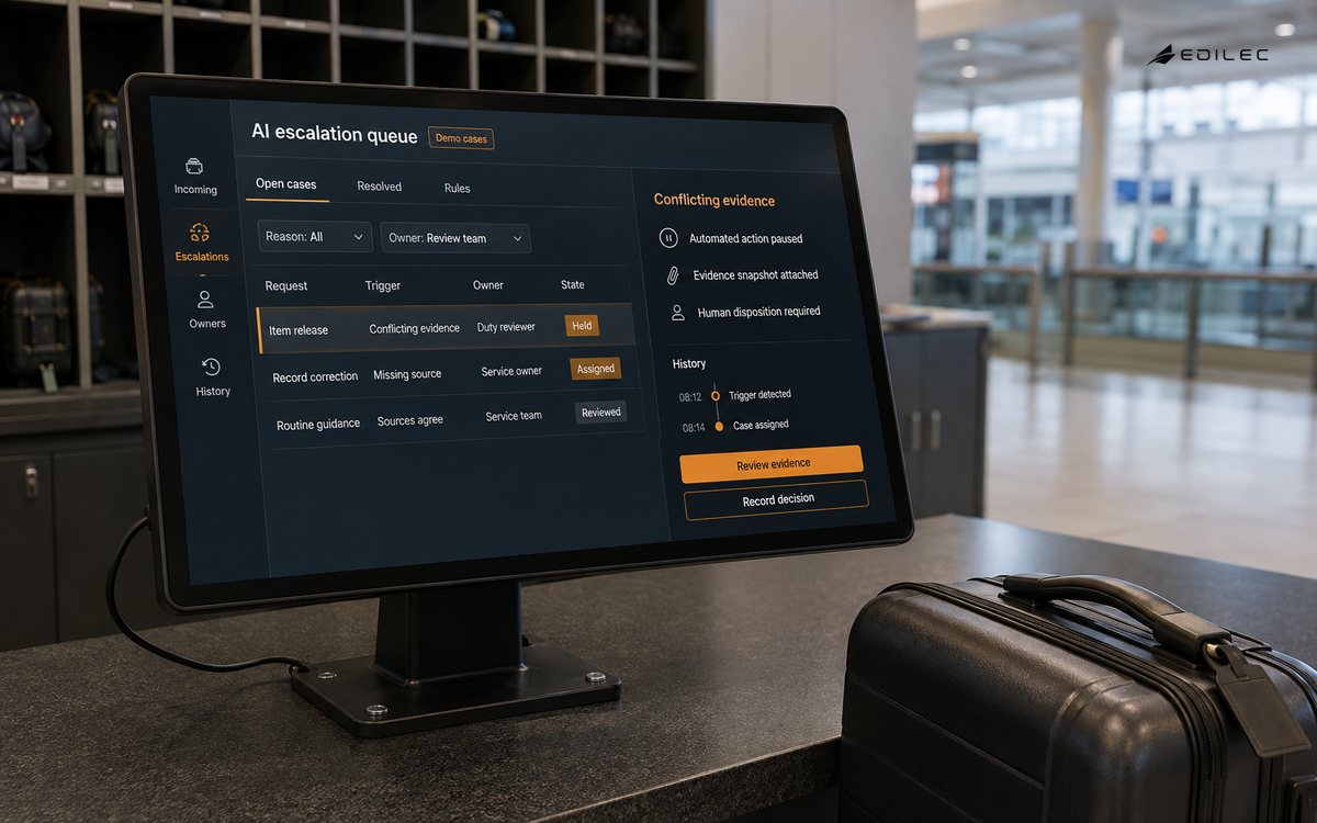 Quiet airport lost-property service office before opening; a proper glass touch monitor on a bolted black metal counter mount, anonymous luggage compartments behind, a single unmarked suitcase in foreground. The manufactured display shows ai escalation queue in a fictional demonstration.