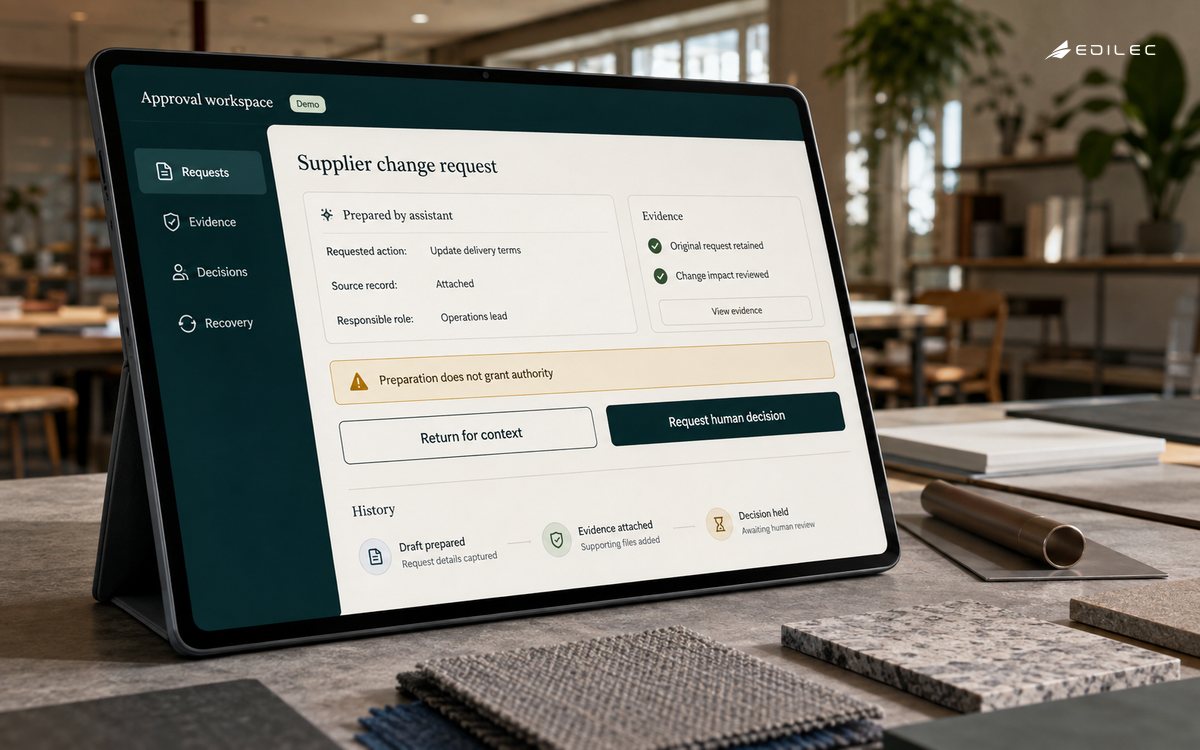 A tablet shows a supplier-change approval packet, evidence, and a held human decision.
