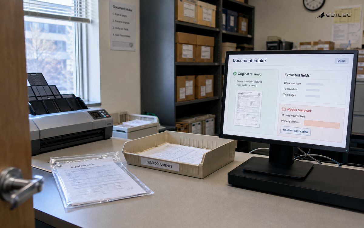 Document scanner, held-document tray and intake review screen in a records room.