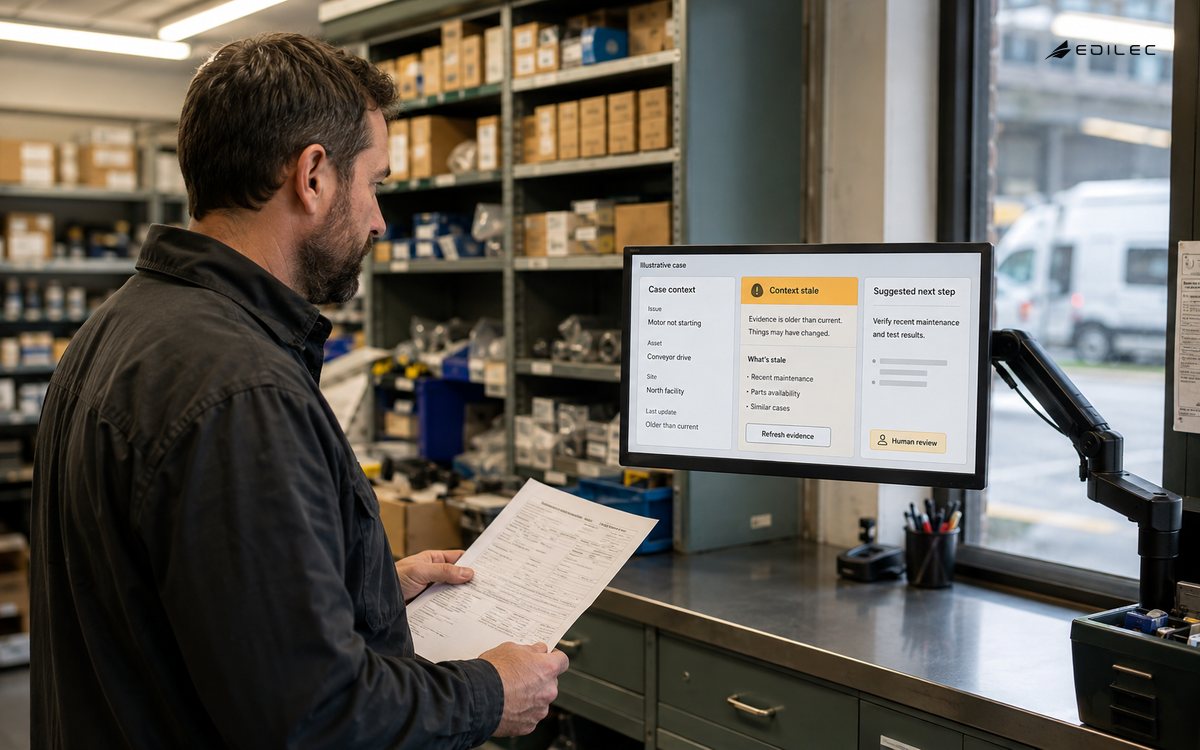 Dispatcher compares a work order with a copilot case flagged for stale context.