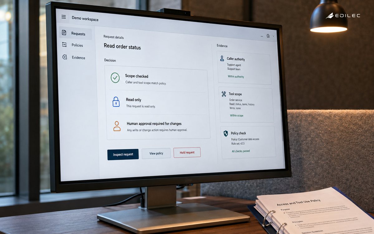 Permission inspector on a real display showing read-only scope and policy evidence.
