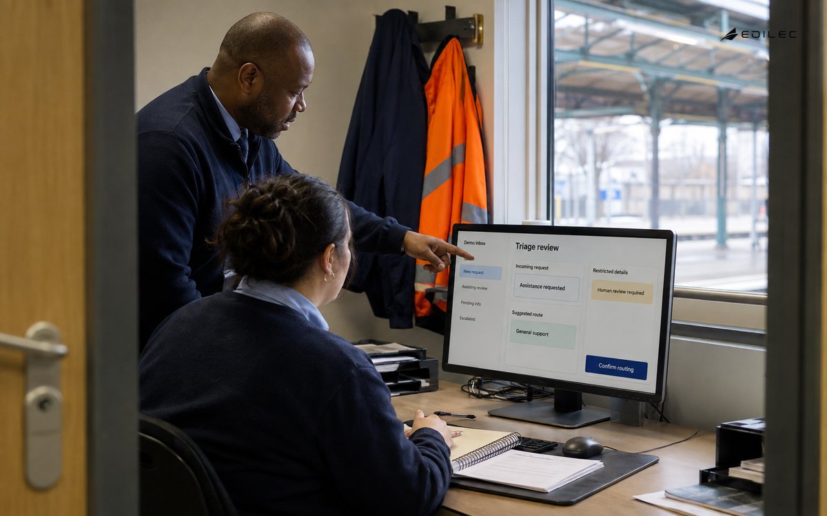A service supervisor reviews a proposed ticket route with restricted details protected.