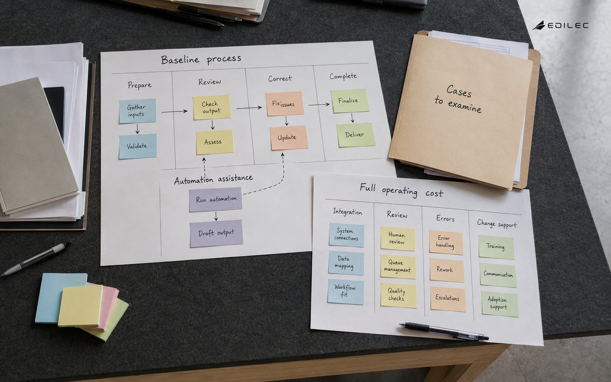 Paper automation process map beside review, correction and operating-cost categories.