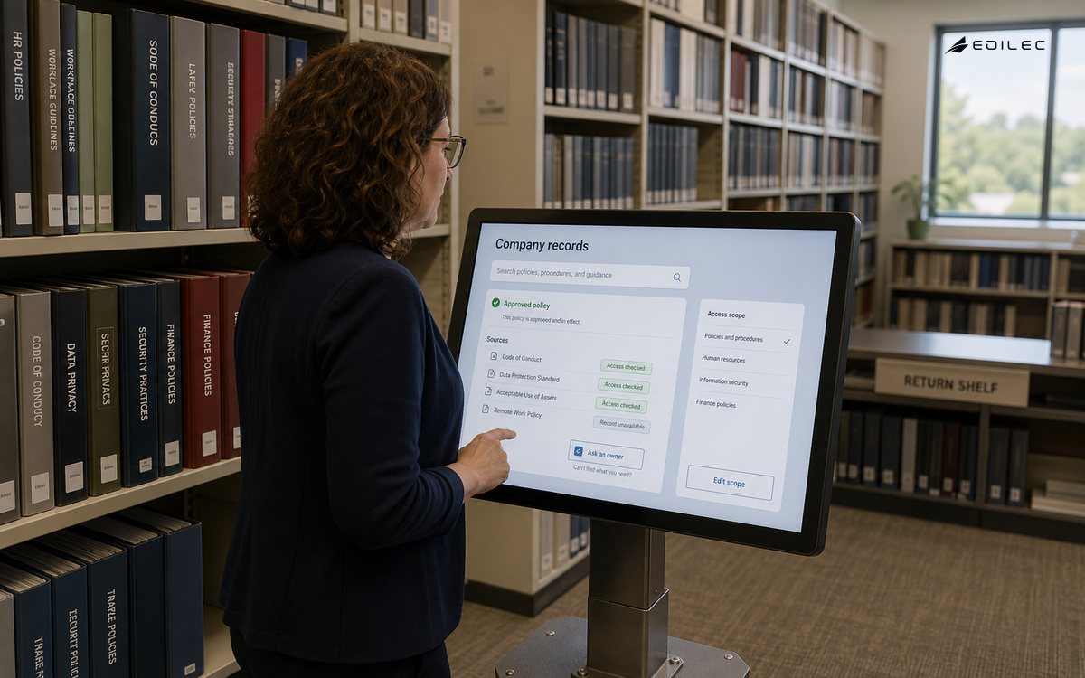 A document steward reviews permission-aware company-record search at a library kiosk.