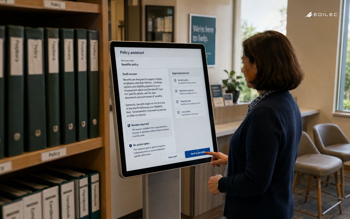 A workplace specialist reviews a sourced policy-answer draft and its specialist handoff boundary.