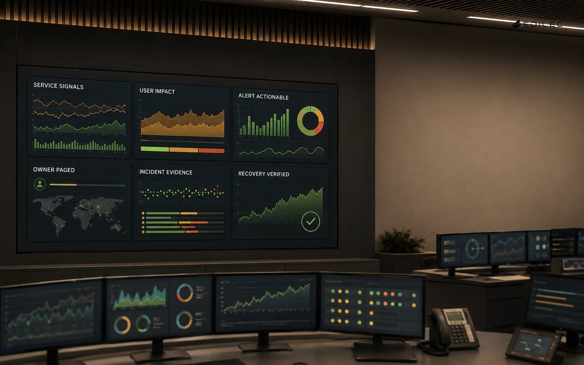 An operations room wall display showing service signals, user impact, actionable alerts, ownership, evidence and verified recovery.