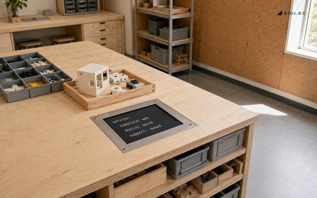 A reusable prototype kit sits beside a platform template that defines paved deployment and owned support.