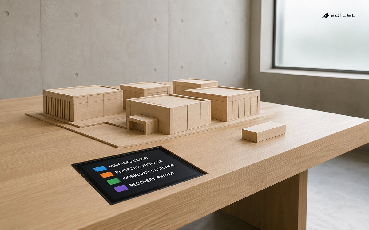 A managed-cloud responsibility panel beside a resilience model separates platform, workload and recovery ownership.
