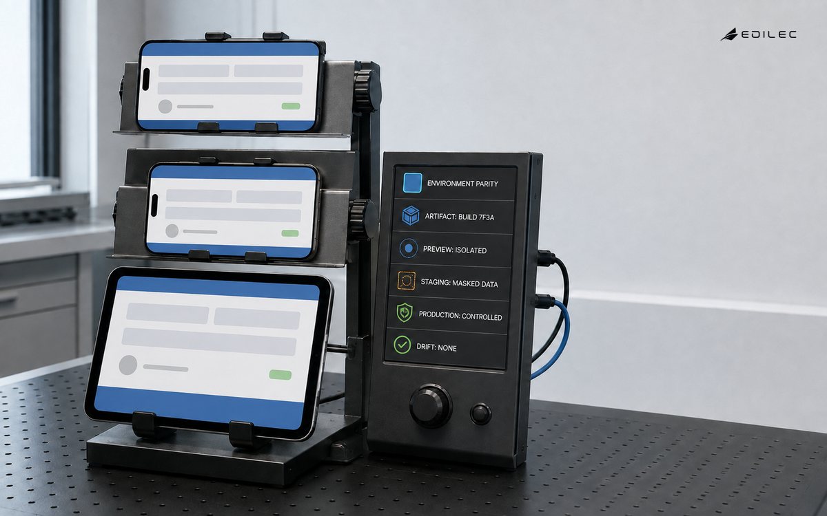 Three devices show the same web application state while an environment controller records isolated preview, masked staging and controlled production conditions.