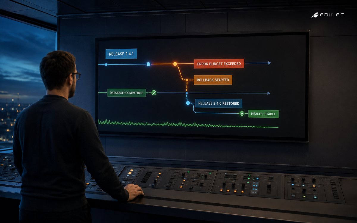 A platform engineer reviewing a deployment timeline as a failed release rolls back to a compatible stable version.
