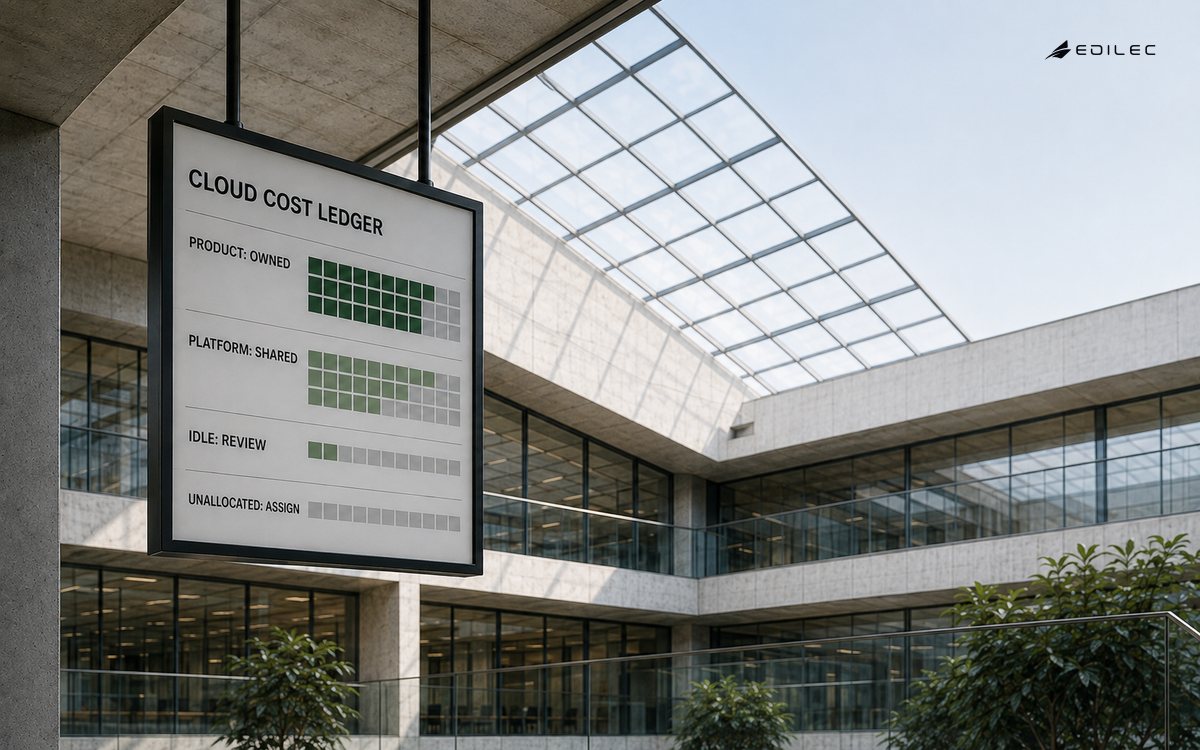 A suspended cloud-cost ledger in a glass engineering atrium separates product, platform, idle and unallocated spend responsibilities.