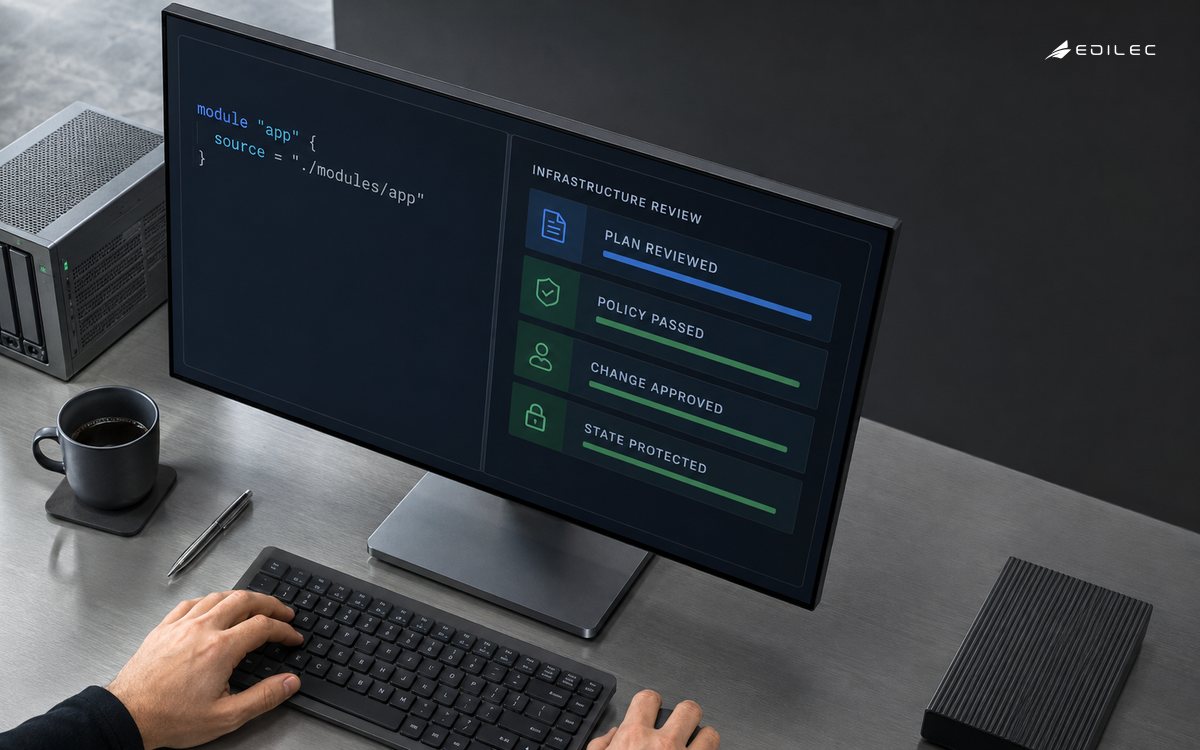 An infrastructure-as-code review showing a reusable module beside plan, policy, approval and protected-state evidence.