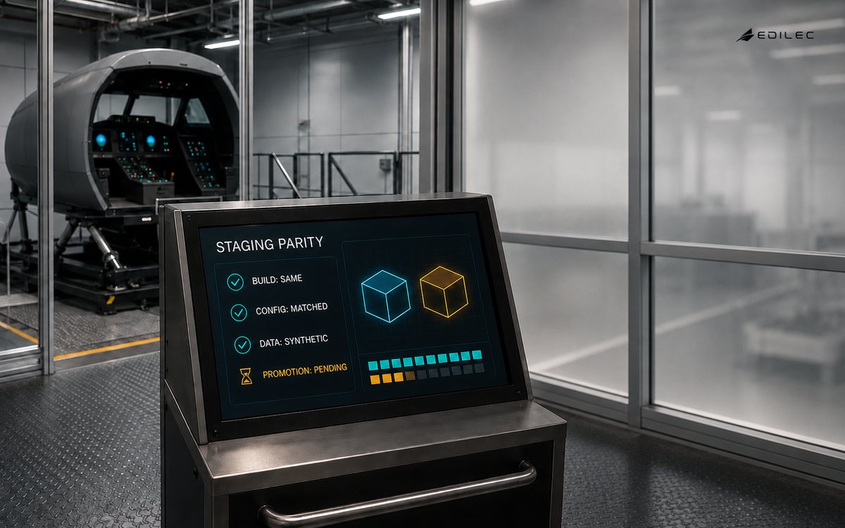 An aircraft simulator validation station shows matching build and configuration, synthetic data and a held promotion decision.