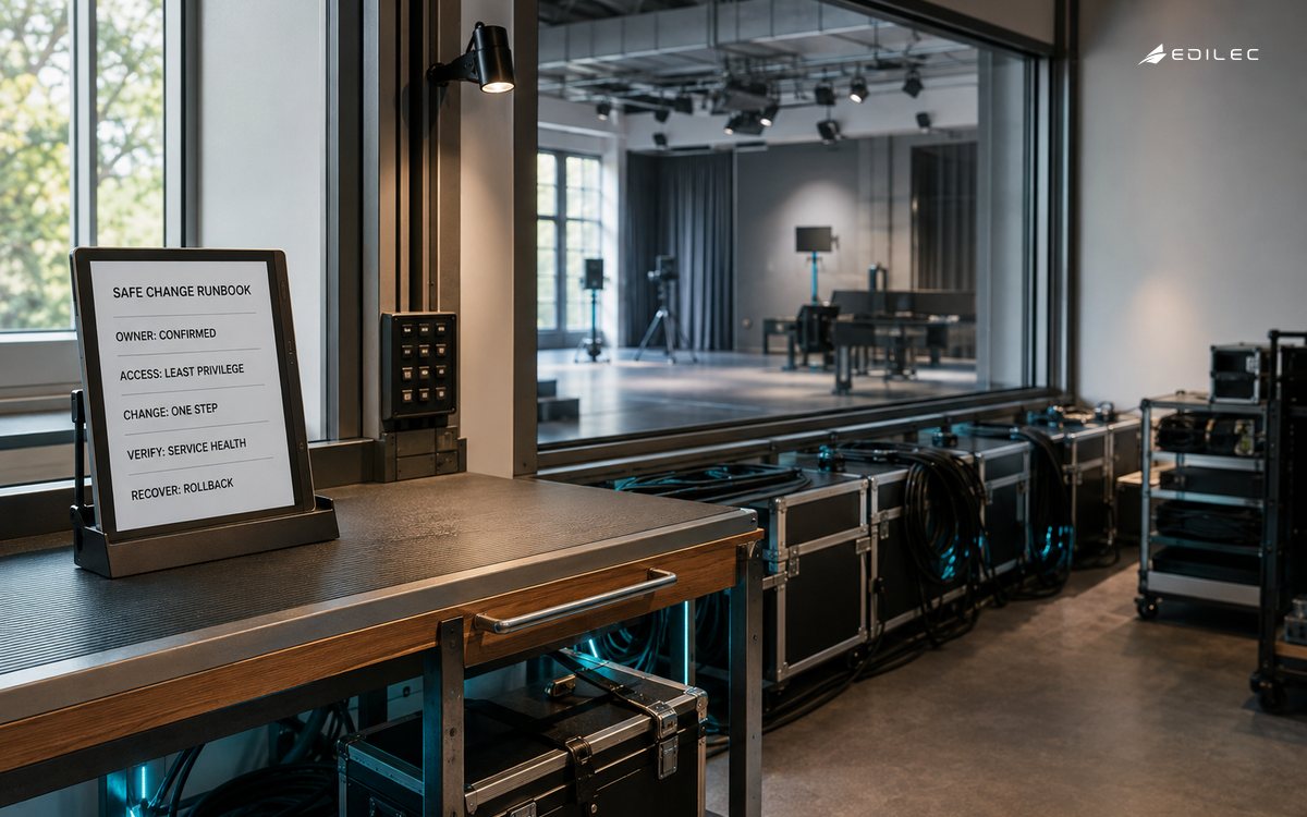 A digital-media training bench holds a safe-change runbook covering ownership, least-privileged access, verification and rollback.