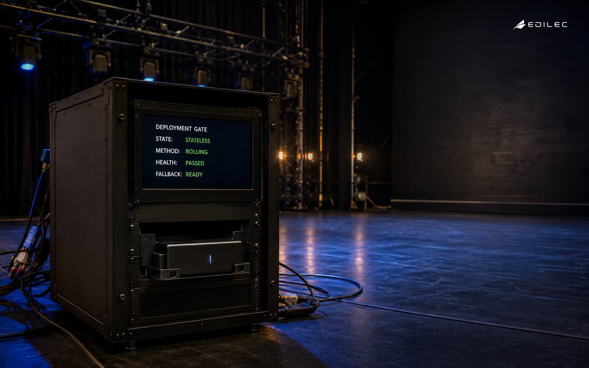 A theatre software-release rig shows a stateless rolling deployment with passed health checks and a ready fallback.