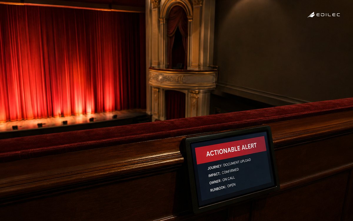A theatre operations balcony shows an actionable cloud alert for a document-upload journey with confirmed impact and an open runbook.