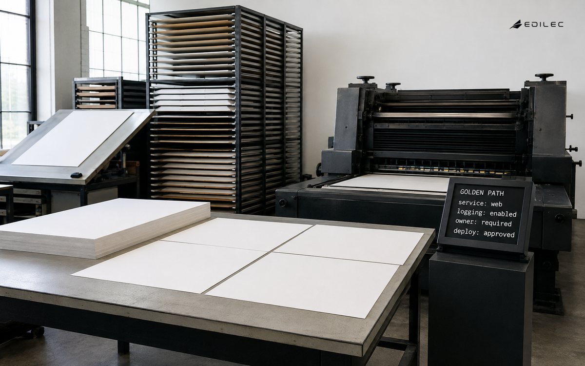A fine-art print studio release console shows a maintained golden path with web service, logging, ownership and approved deployment.