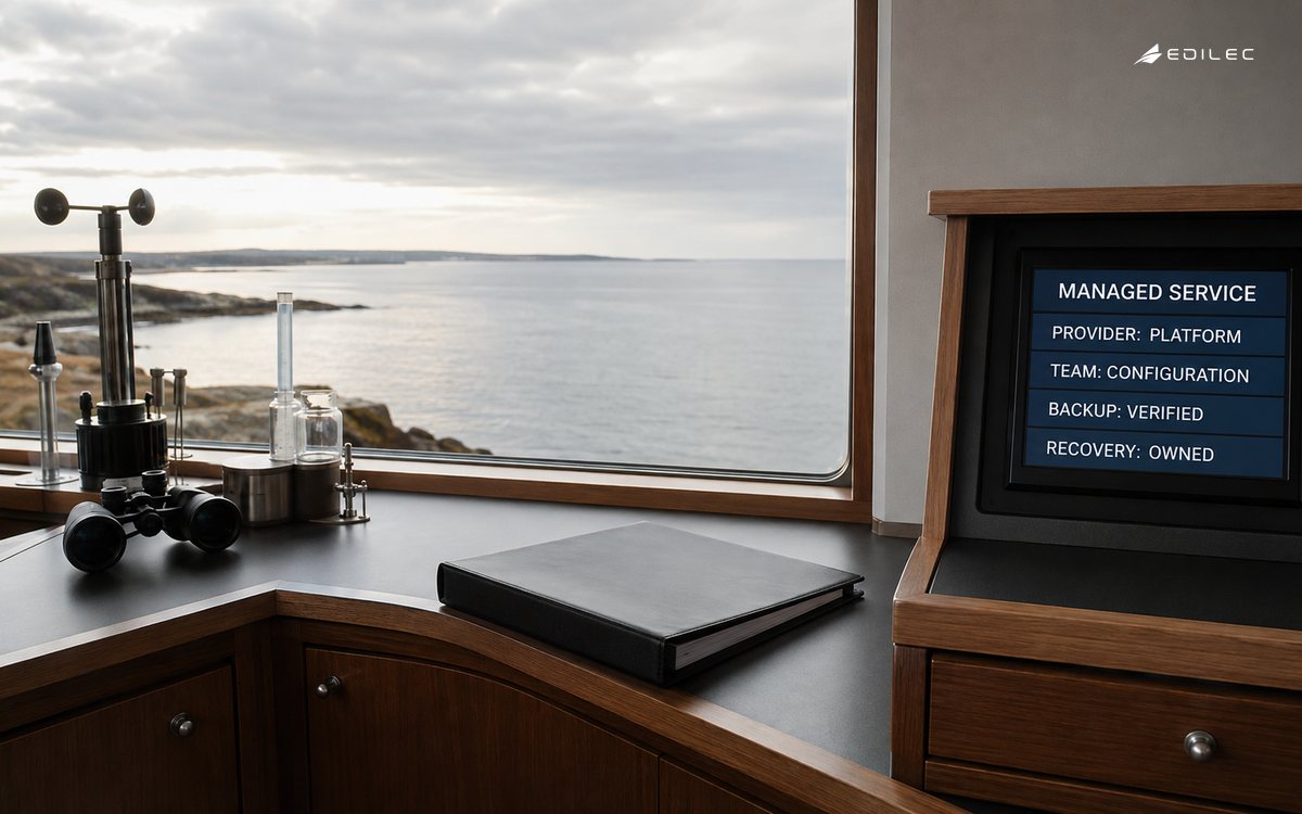 A managed-service ledger in a coastal observation office assigns platform, configuration, backup and recovery responsibility.