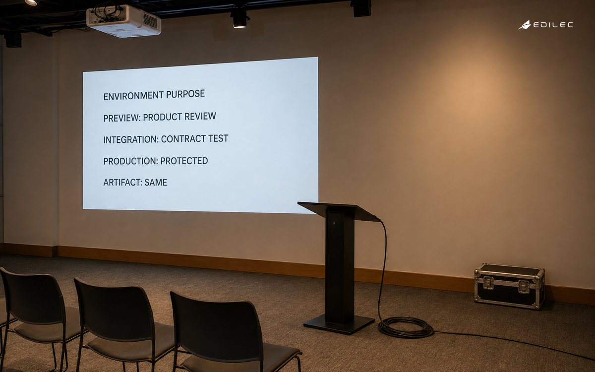 A rehearsal-room projection distinguishes product review, contract testing and protected production using the same artifact.