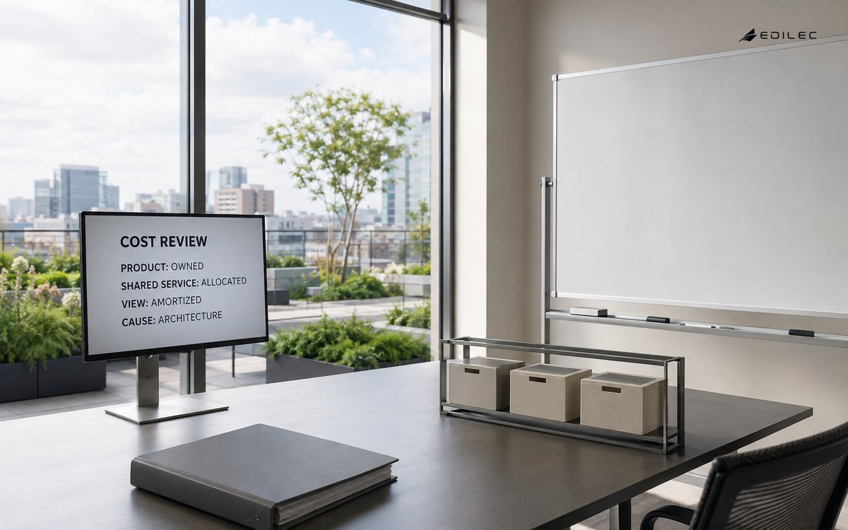 A rooftop product meeting room displays an owned cost review with allocated shared service and architecture as the traced cause.
