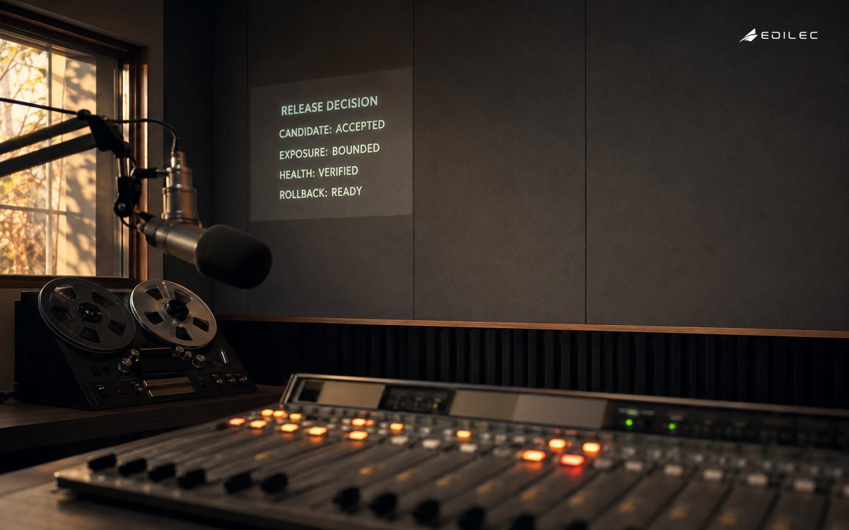 A radio playout studio projection records an accepted release candidate, bounded exposure, verified health and ready rollback.