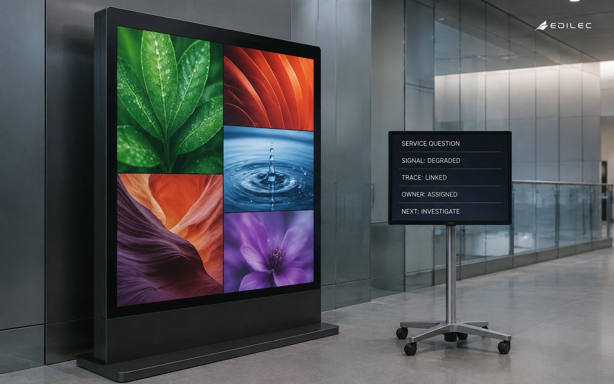 An active wayfinding display and diagnostic monitor connect a degraded service signal to a trace, owner and investigation.