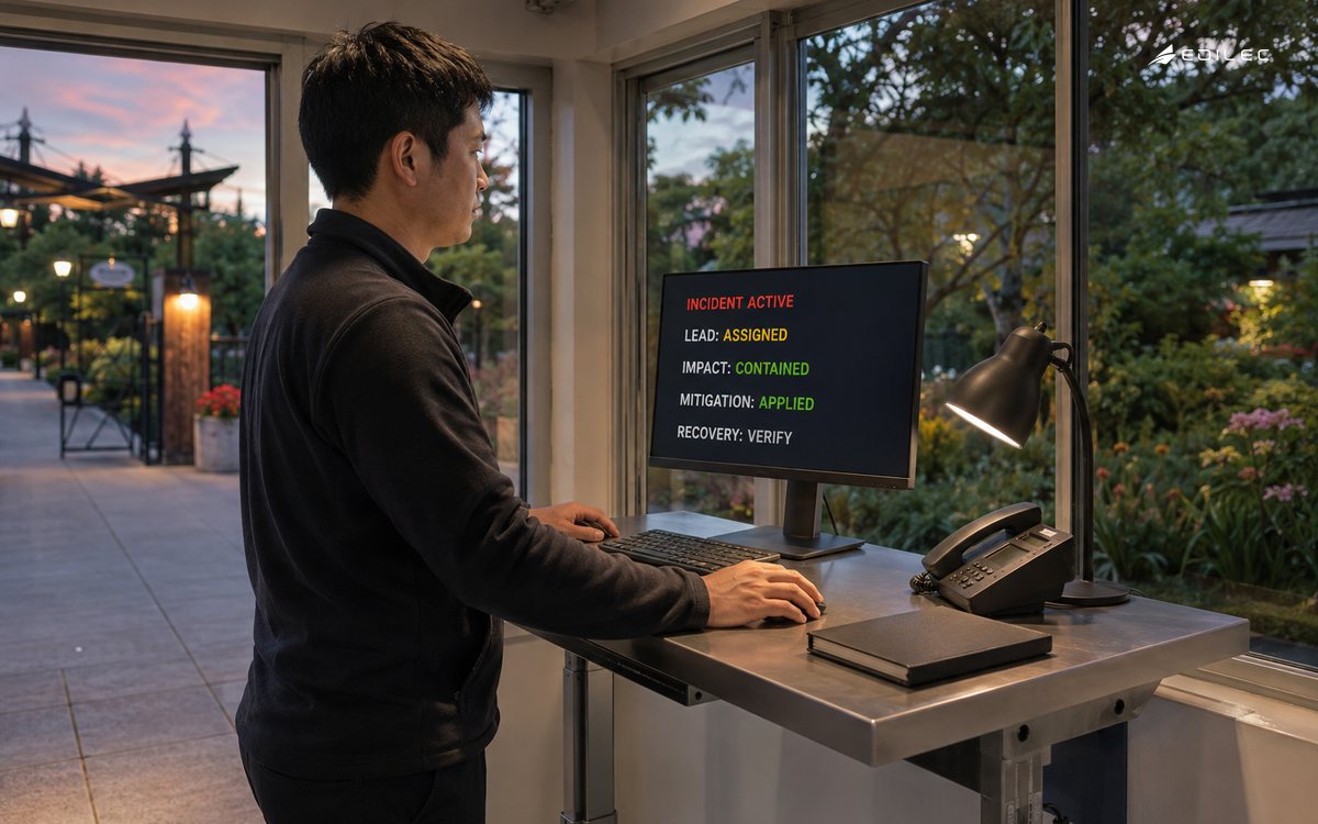 An on-call responder at a garden ticket-service booth reviews a contained incident, applied mitigation and recovery verification.