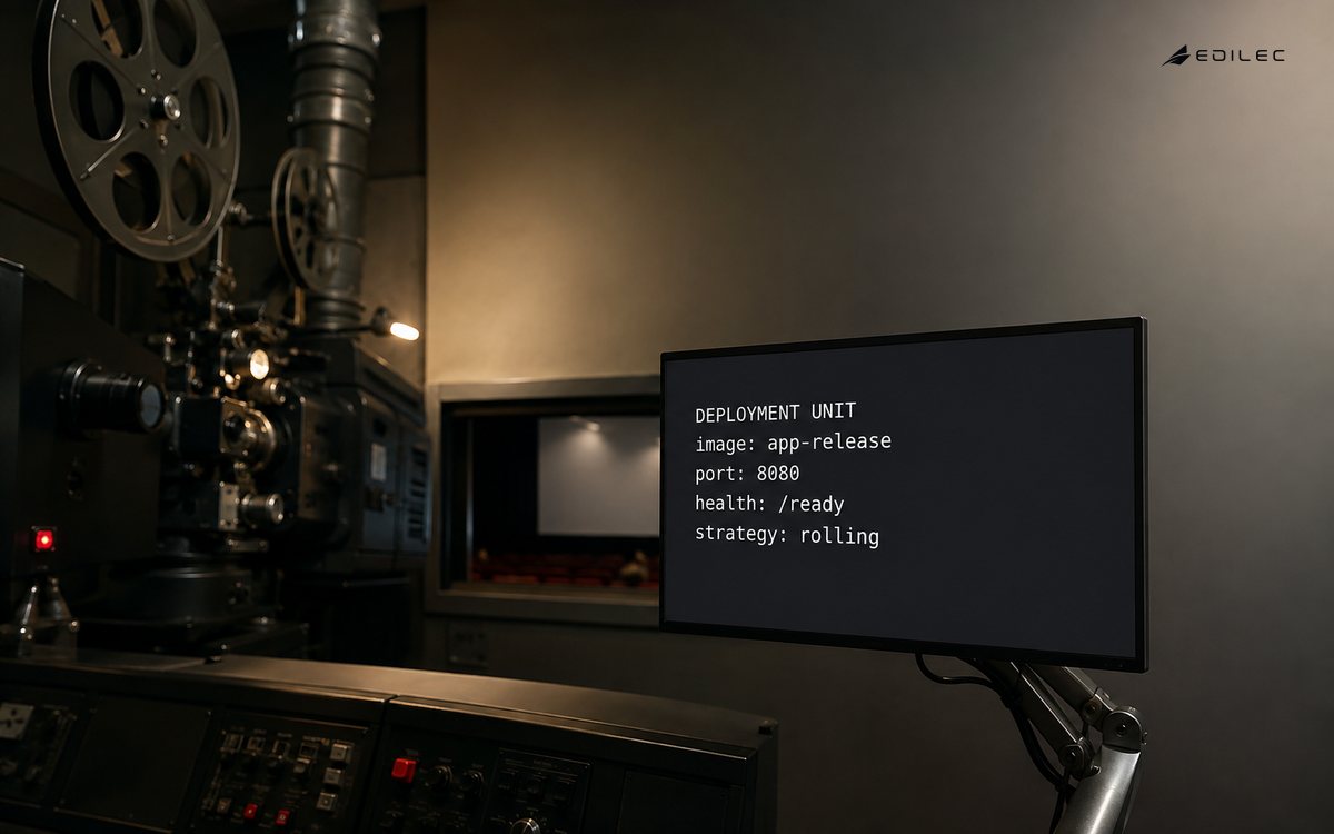 A cinema projection booth monitor shows a small container deployment manifest with readiness checks.