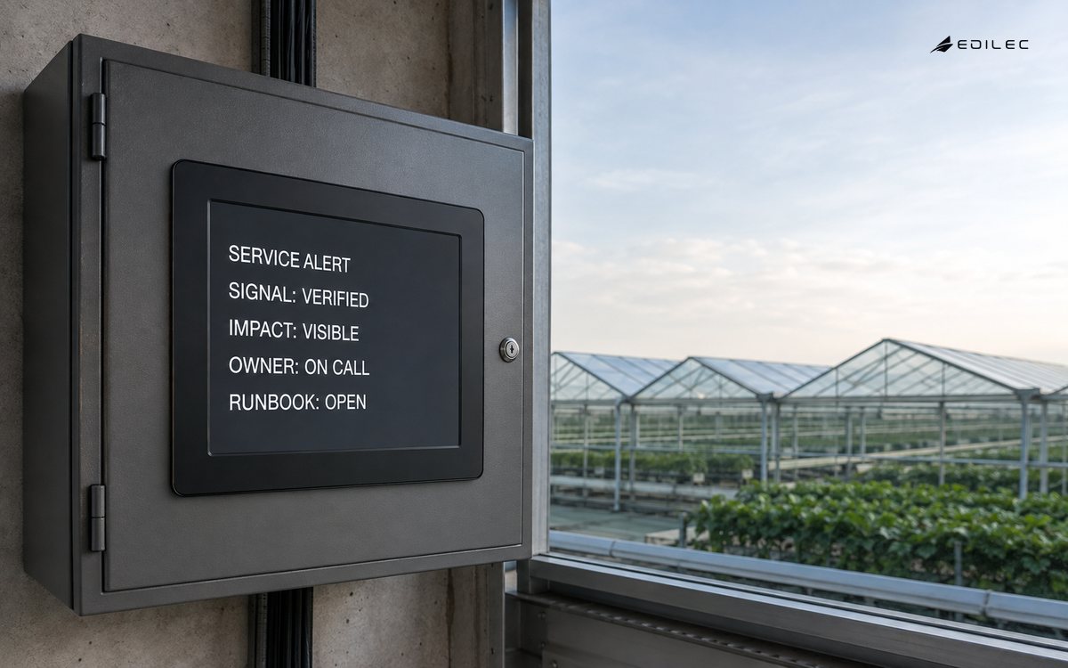 A garden operations HMI presents a verified alert with impact, owner, and runbook.