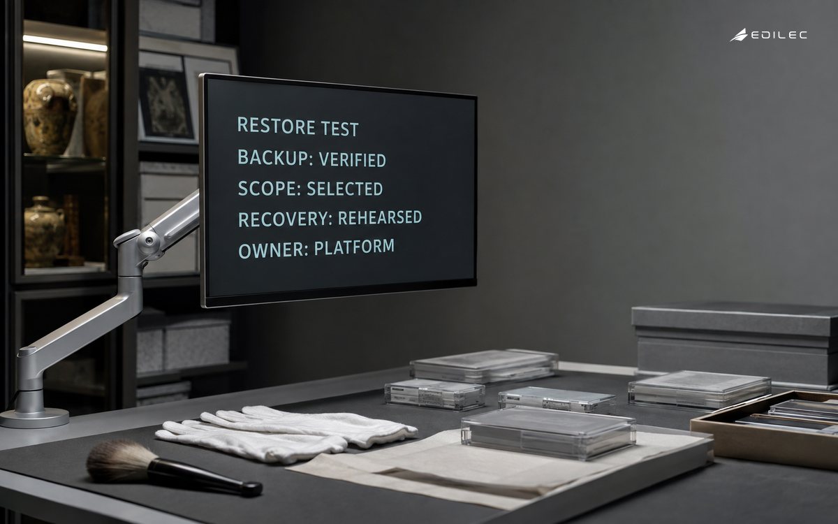 A museum archive workstation verifies a selected backup through a rehearsed restore.