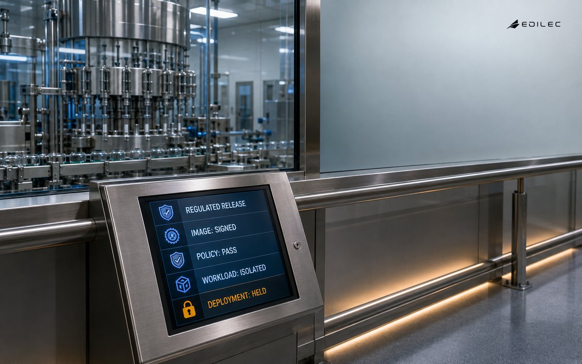 A regulated release console overlooks a pharmaceutical line and shows signed image, policy, workload isolation and a held deployment.