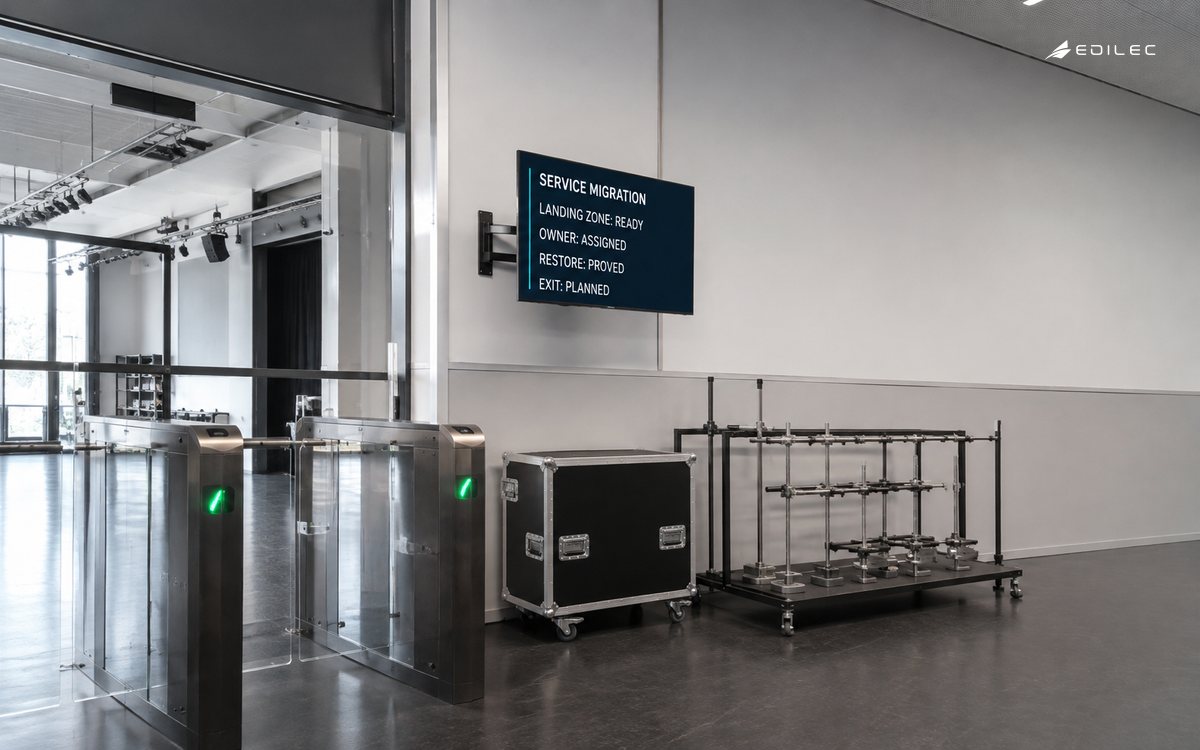 A ticket-service rehearsal room shows a managed migration with a ready landing zone, owner, proven restore and planned exit.