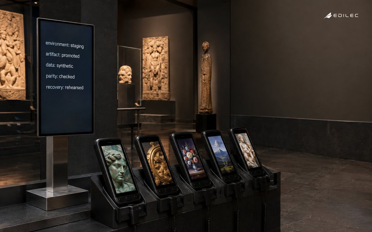 A museum audio-guide test gallery shows a staging environment with a promoted artifact, synthetic data and rehearsed recovery.