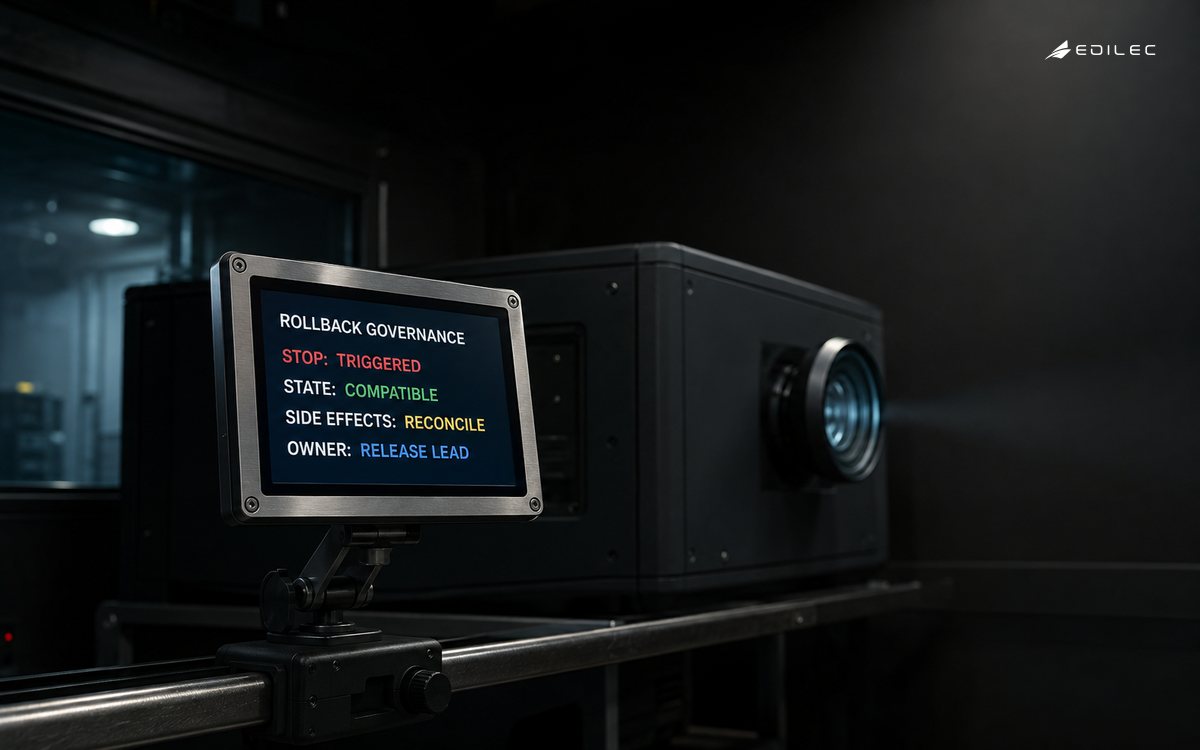 A digital-cinema release booth shows a triggered rollback with compatible state, side effects queued for reconciliation and a release lead owner.