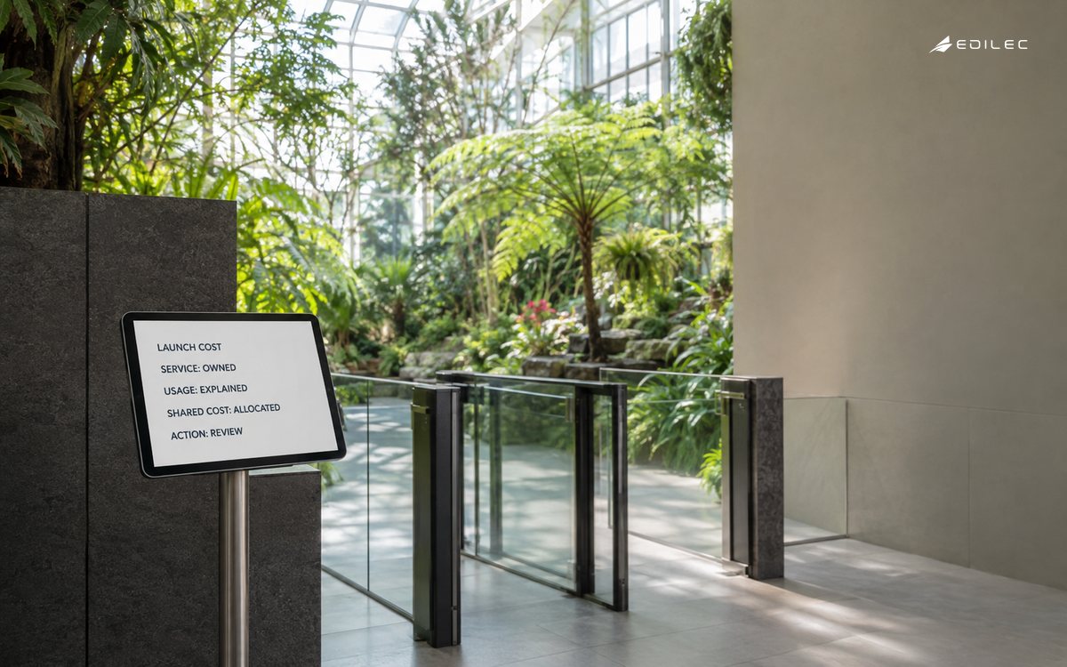 A botanical-conservatory visitor-service room shows launch cost with an owned service, explained usage and allocated shared cost.