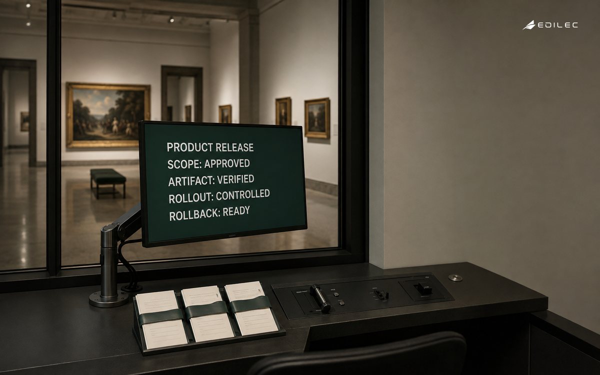 A museum exhibit control booth prepares a verified, recoverable software release.