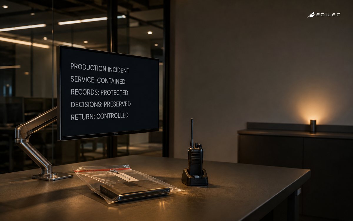 A document-service operations room contains an incident while protecting records and decisions.