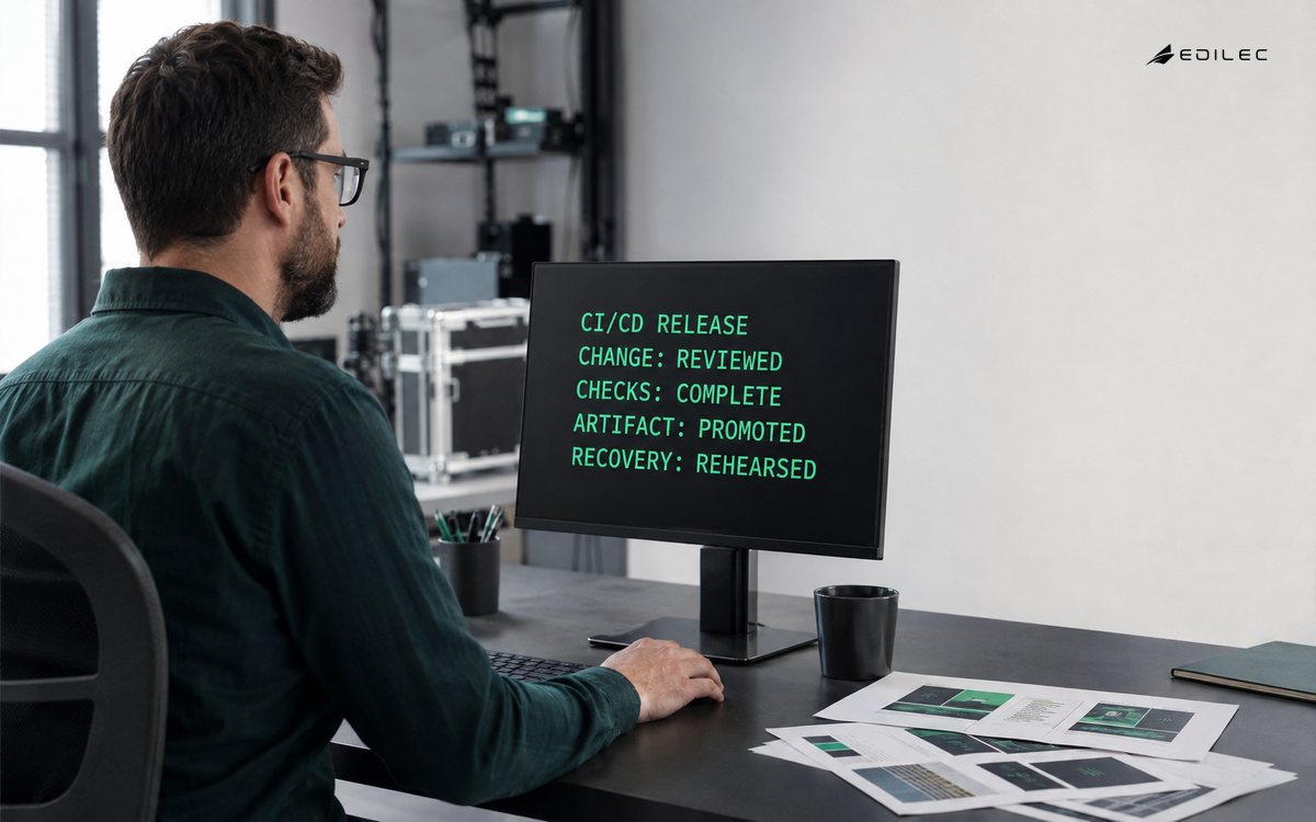 A release engineer reviews checks, promotion and recovery for a SaaS CI/CD release.