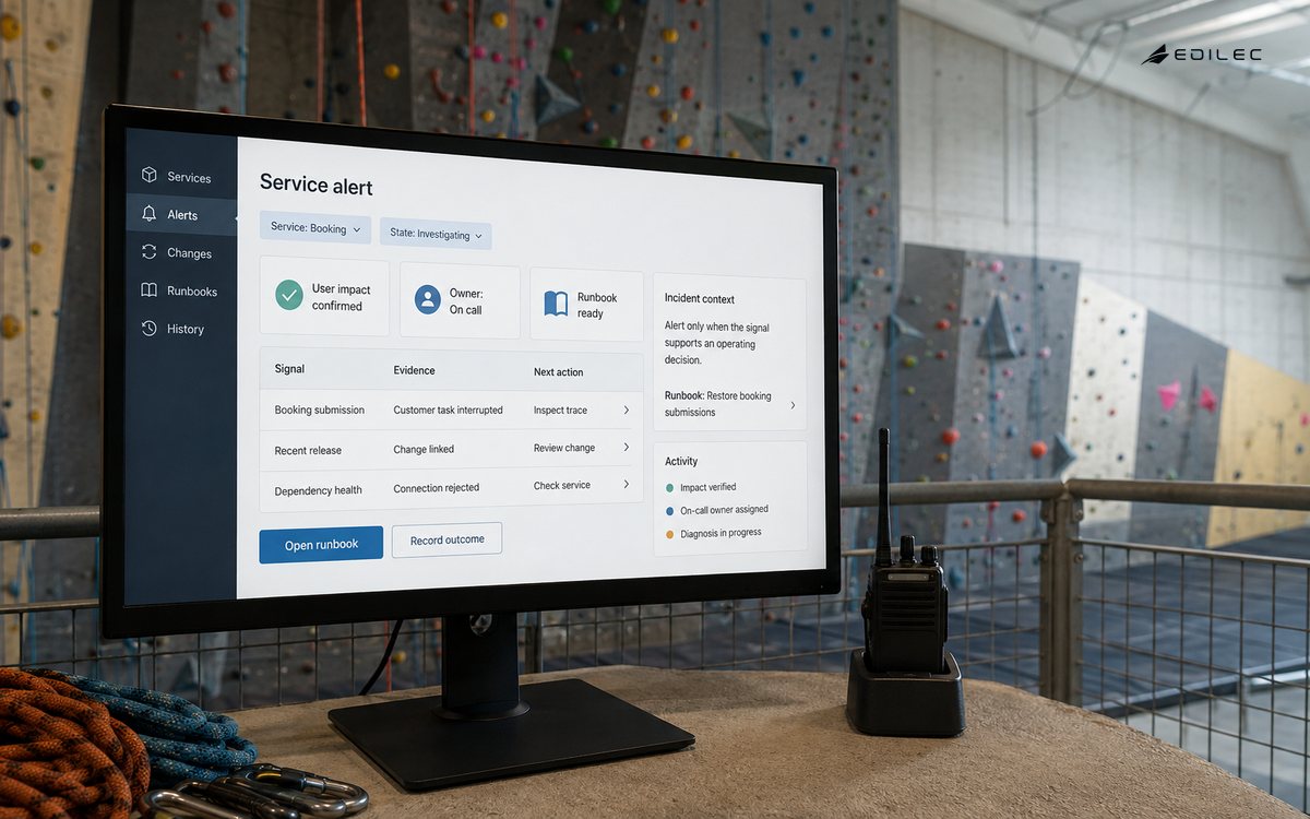 A booking-service alert console overlooks an empty climbing centre with diagnostic evidence and a runbook.