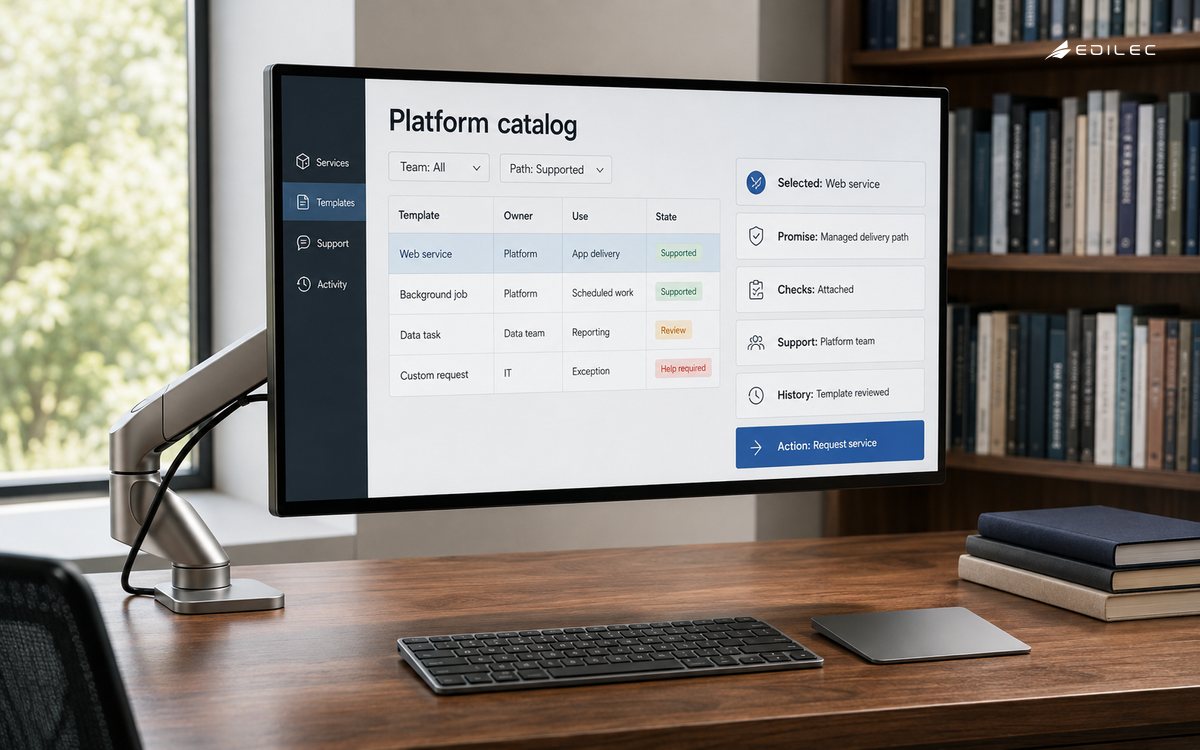 A monitor in a small engineering library displays supported platform templates and their owners.