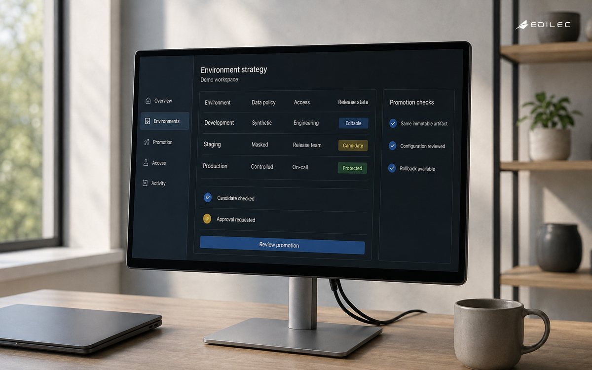 An environment console compares development, staging, and production controls beside promotion checks.