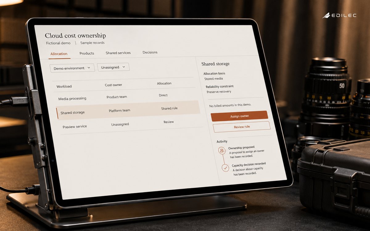 A cloud-cost allocation app appears on a tablet beside film-production materials.