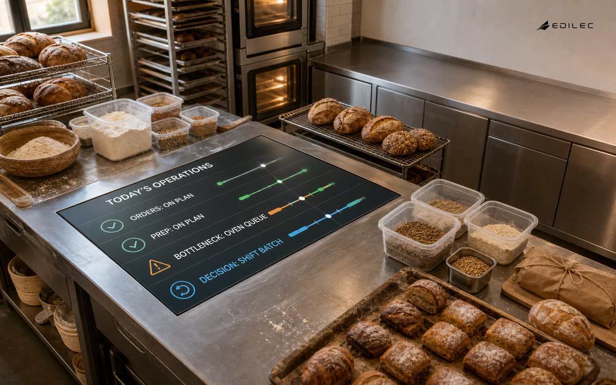 An artisan bakery worktable integrates an operations dashboard showing orders, preparation, an oven queue and the decision to shift a batch.