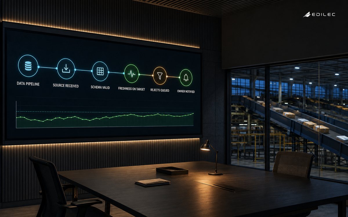 An after-hours data operations room showing source receipt, schema validation, freshness, rejects and owner notification.