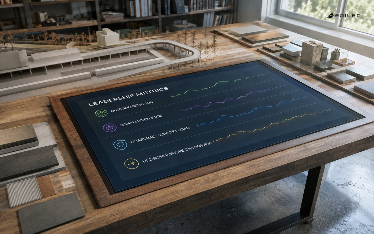 A planning studio table shows leadership metrics for retention, weekly use, support load and an onboarding decision beside an unmarked scale model.