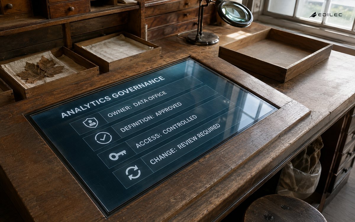 An archive workbench integrates an analytics governance record with ownership, approved definition, controlled access and reviewed change.